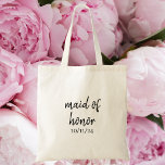 Bolsa Tote Dama de Honra / Presente Personalizado para a Fest<br><div class="desc">Celebre sua amiga mais próxima com esta bolsa de mão "Dama de Honra" elegante, apresentando uma escrita preta sofisticada na frente com a data do seu casamento abaixo. A parte de trás é personalizada com o nome da dama de honra, criando um presente atencioso e elegante que ela vai amar...</div>