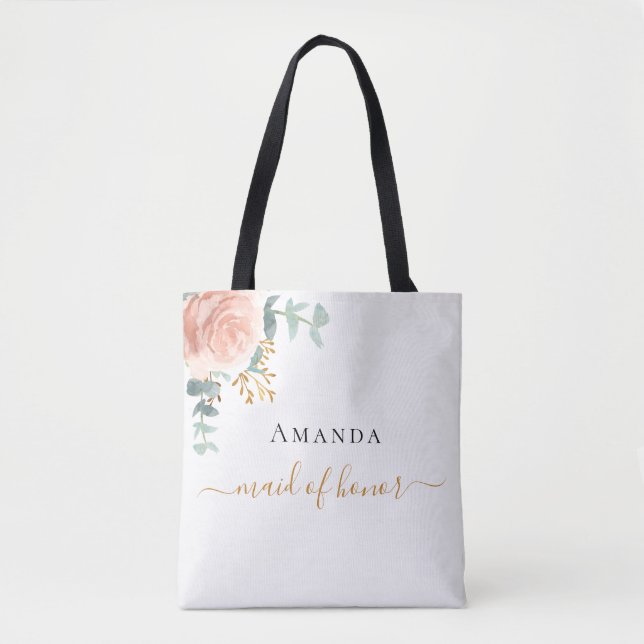 Bolsa Tote Dama de honra rosa dourado floral eucalipto verde (Frente)