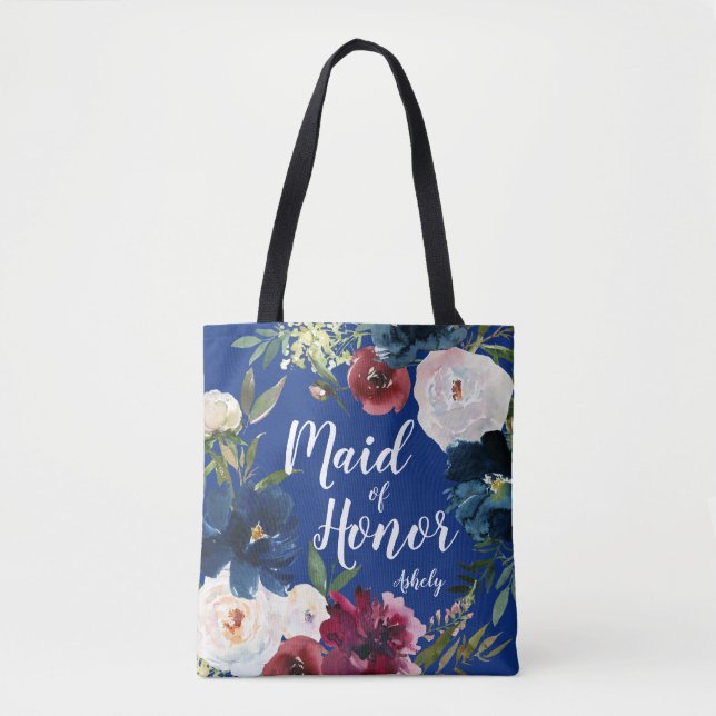 Bolsa Tote Dama de honra sacola de mão floral em azul marinho (Frente)