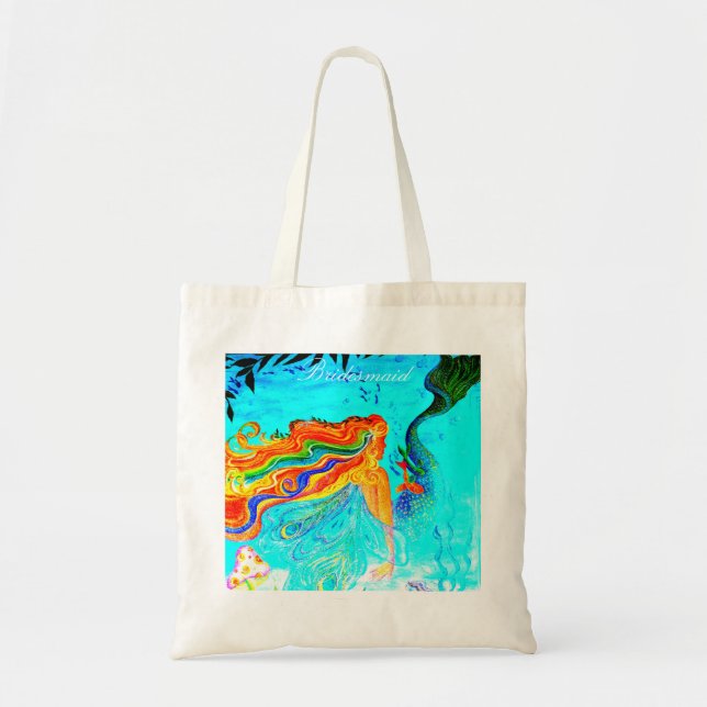 Bolsa Tote Dama de honra sereia de cabelo arco-íris (Frente)