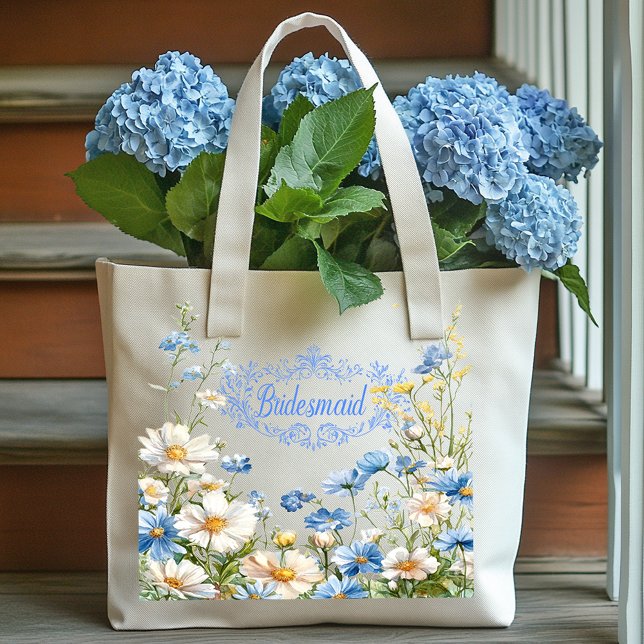 Bolsa Tote Damas de Honra Amarelo Azul Flores Brancas  (Criador carregado)