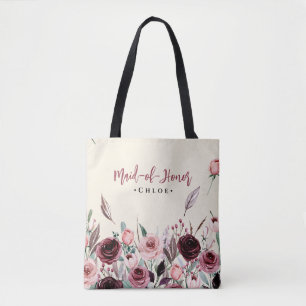 Bolsa Tote Damas de honra com estampa floral em burgundy e le