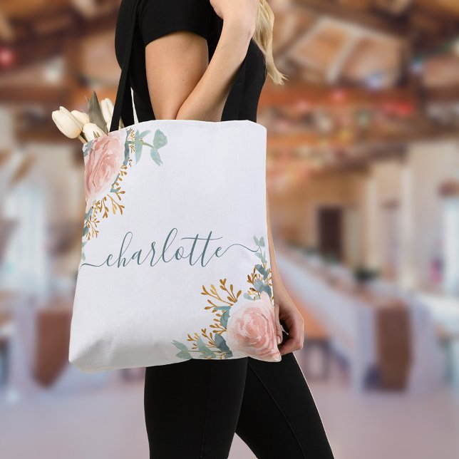 Bolsa Tote Damas de honra com flores de ouro rosa e eucalipto (Criador carregado)