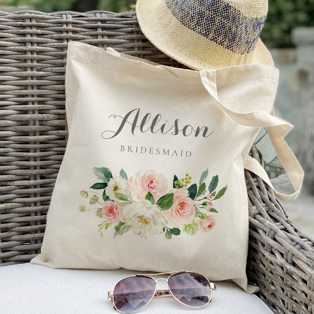Bolsa Tote Damas de honra com flores em aquarela e rubor pers (Criador carregado)