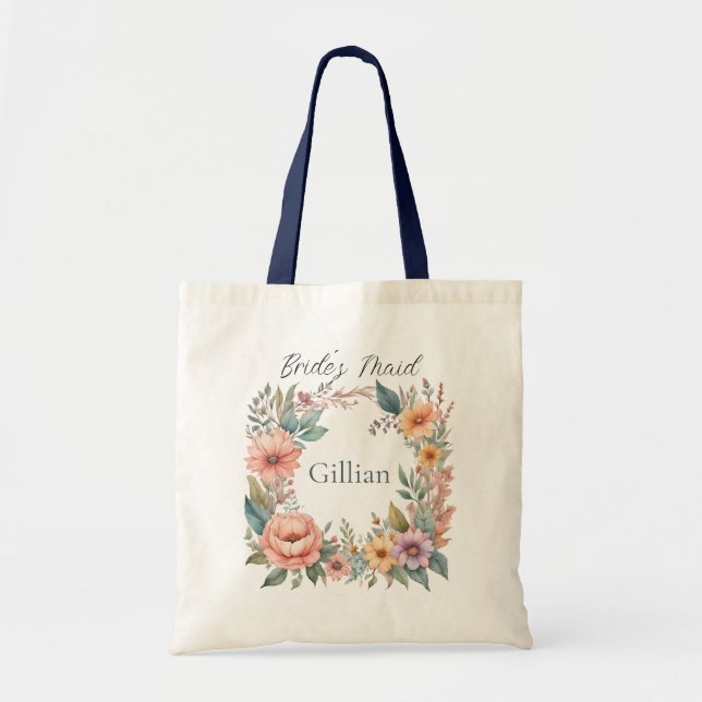 Bolsa Tote Damas de Honra com Flores Silvestres Rosa e Azul  (Frente)