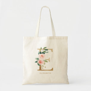 Bolsa Tote Damas de honra com letra floral Peony E dourada
