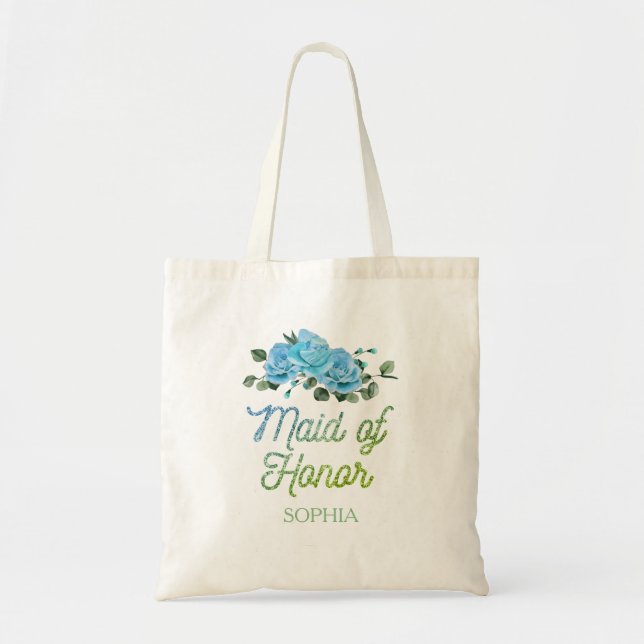Bolsa Tote Damas de Honra com Rosas Azuis Rústicas para Casam (Frente)