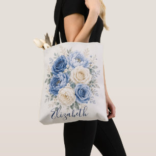 Bolsa Tote Damas de honra de casamento floral rosa azul e cre