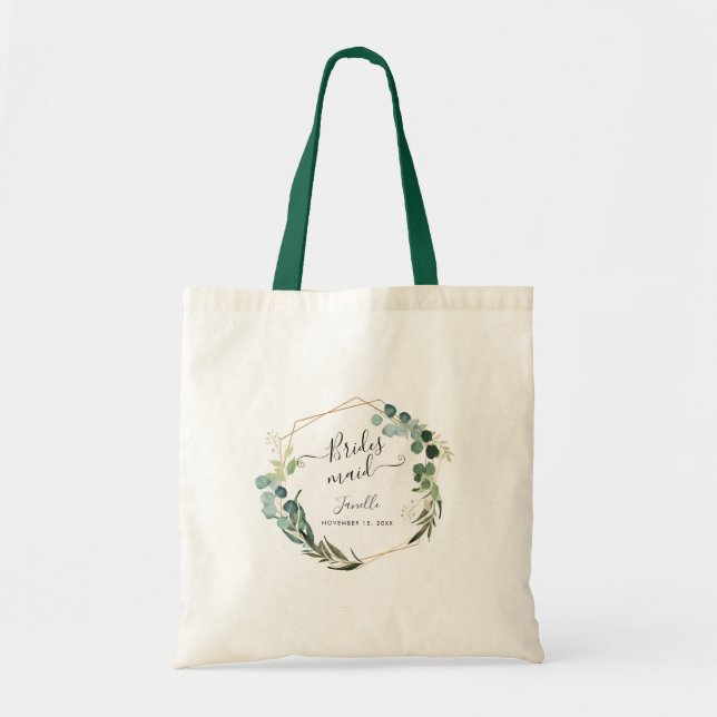 Bolsa Tote Damas de honra de verde aquarelado rústico com euc (Frente)