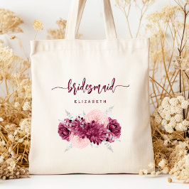 Bolsa Tote Damas de Honra Floral Borgonha Rosa Script