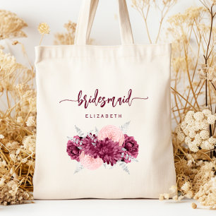 Bolsa Tote Damas de Honra Floral Borgonha Rosa Script