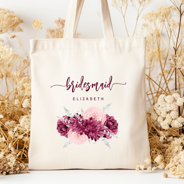 Bolsa Tote Damas de Honra Floral Borgonha Rosa Script (Criador carregado)