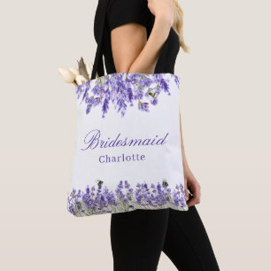Bolsa Tote Damas de honra flores lavanda nome em script