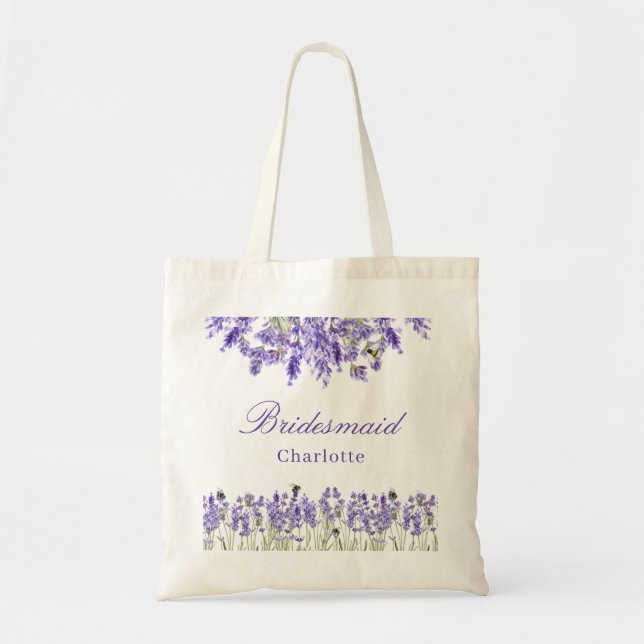 Bolsa Tote Damas de honra flores lavanda violeta nome script (Frente)