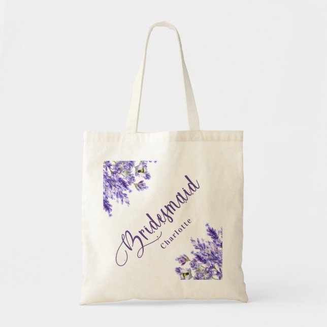 Bolsa Tote Damas de honra flores lavanda violeta script casam (Frente)