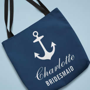 Bolsa Tote Damas de honra náuticas com âncora azul marinho e
