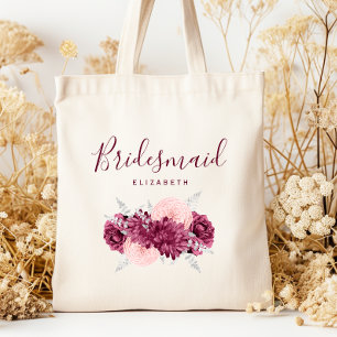 Bolsa Tote Damas de Honra Personalizadas Floral Borgonha Rosa