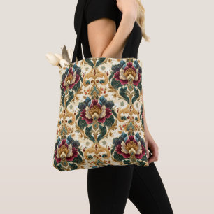 Bolsa Tote Damascado Floral Vitoriano Ornamentado em Verde Ág