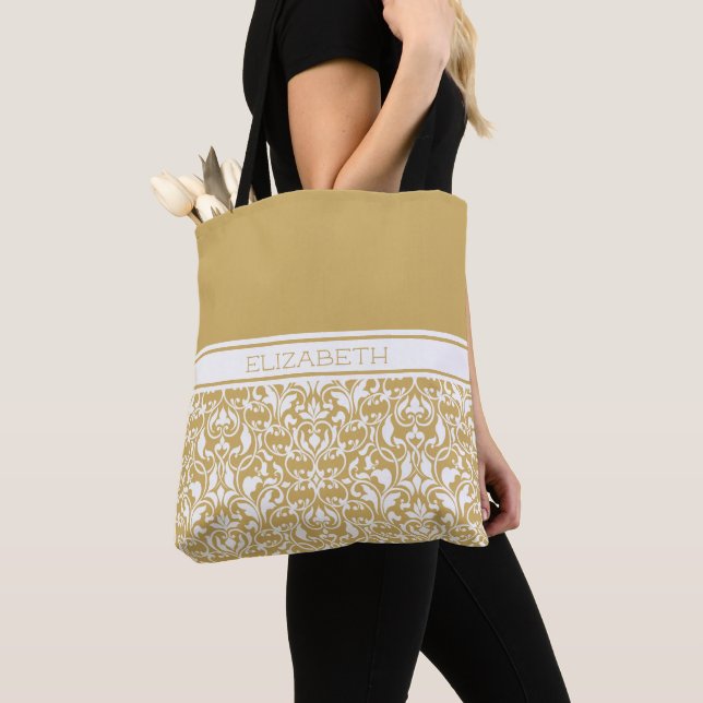 Bolsa Tote Damasco branco e Dourado, personalizado (Close Up)