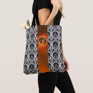 BOLSA TOTE DAMASCO BRANCO PRETO CHIQUE, MONOGRAMA ALARANJADO