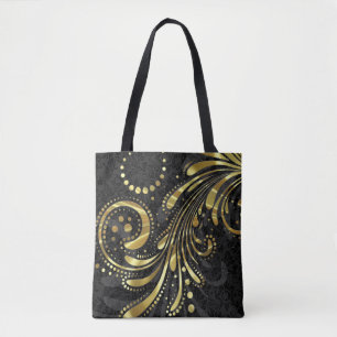 Bolsa Tote Damasco Floral Preto E Cabeça Dourada