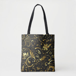 Bolsa Tote Damasco Floral Preto E Dourado