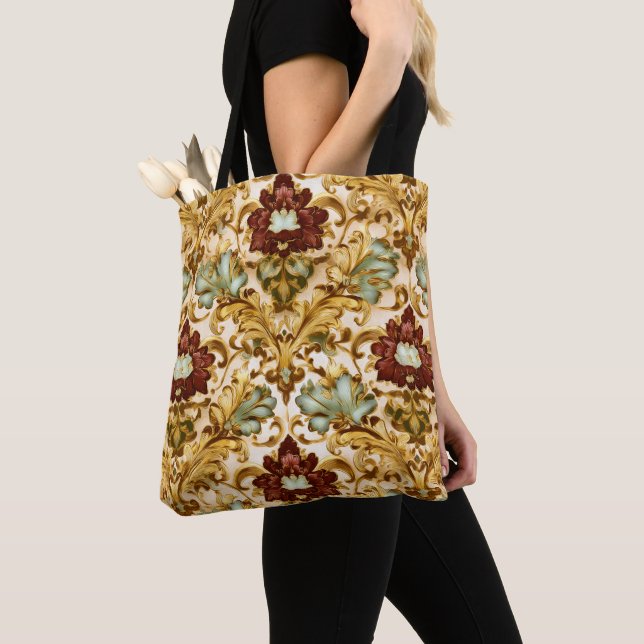 Bolsa Tote Damasco Floral Vitoriano Dourado com Salvia (Close Up)