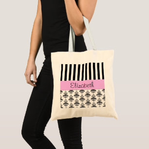 Bolsa Tote Damasco francês, Stripes, preto e branco, seu nome