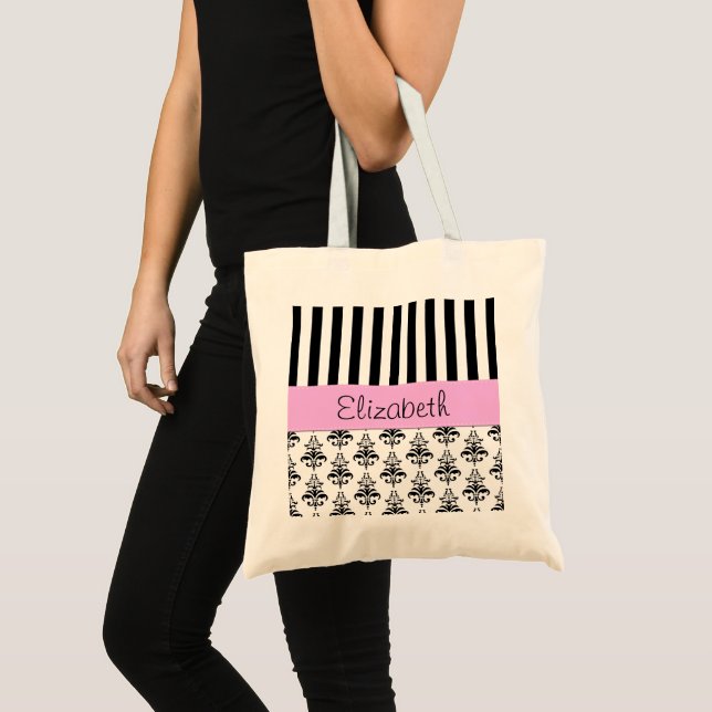 Bolsa Tote Damasco francês, Stripes, preto e branco, seu nome (Frente (produto))