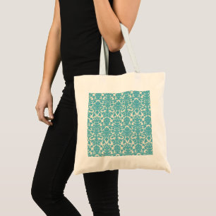 Bolsa Tote Damasco, Ornamentos, Roios - Branco Azul
