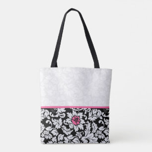 Bolsa Tote Damasco preto e branco com flor cor-de-rosa