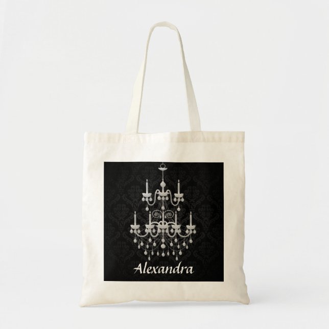 Bolsa Tote Damasco preto e branco do candelabro com nome (Frente)