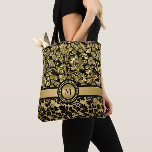 Bolsa Tote Damasco preto e Dourado