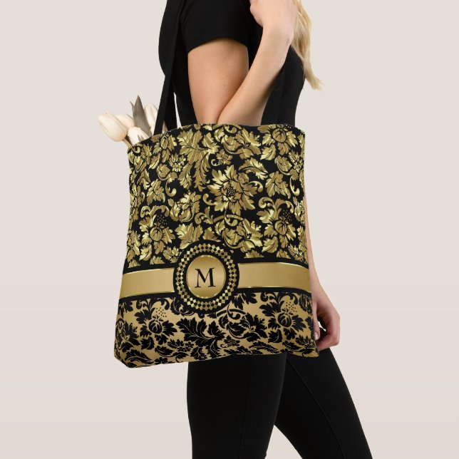 Bolsa Tote Damasco Preto E Dourado (Close Up)