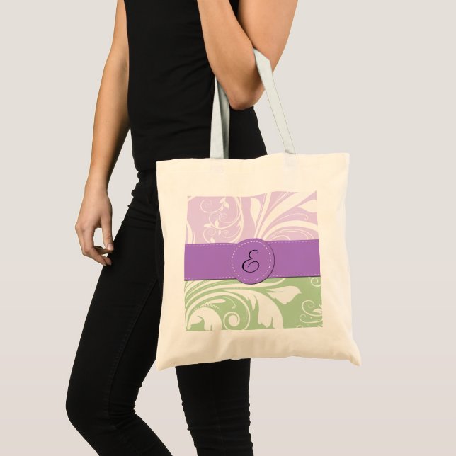 Bolsa Tote Damasco Roxo, Damasco Verde, Monograma (Frente (produto))