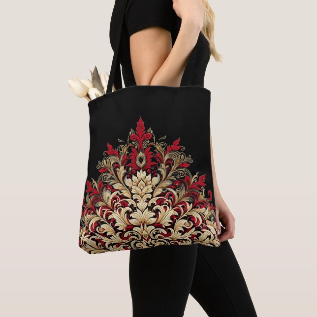 Bolsa Tote Damasco Vermelho Dourado e Preto (Close Up)