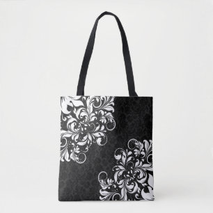 Bolsa Tote Damascos Pretos Elegantes e rendas Florais Brancas