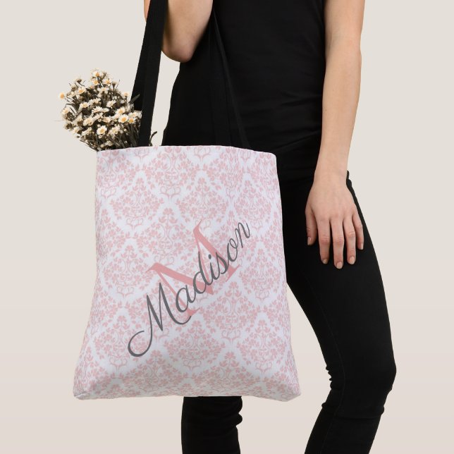 Bolsa Tote Damask Rosa Trendy Bonito Nome da Menina Bonito Mo (Close Up)