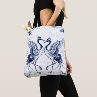 Bolsa Tote Dança de Grou Estilo Imari Japonês Azul e Branco