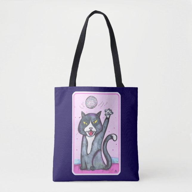 Bolsa Tote Dancing Fun Disco Ball Cat Cartoon Time (Frente)