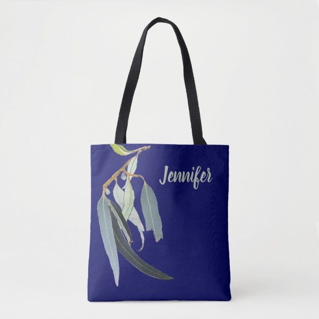 Bolsa Tote Dark Navy with Watercolor Leaves Named  (Frente)