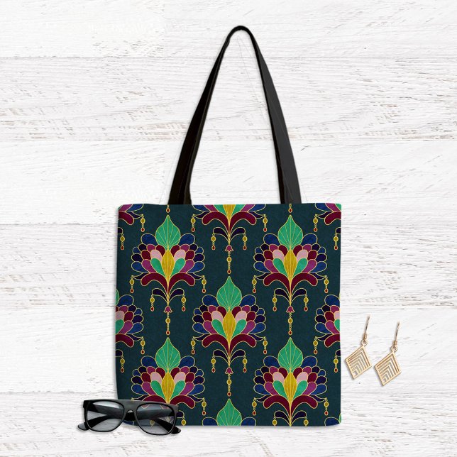 Bolsa Tote Dark Teal and Gold Art Deco Floral Ornament (Criador carregado)