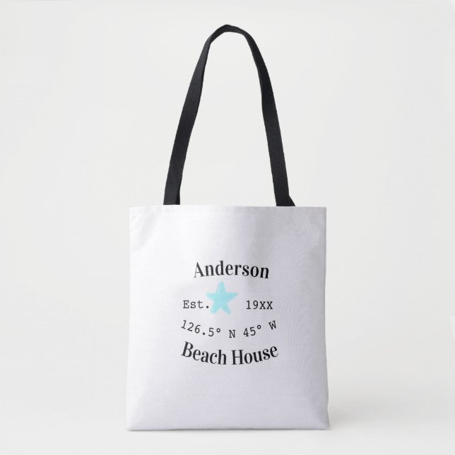 Bolsa Tote Data do ano da casa de praia coordenadas personali (Frente)