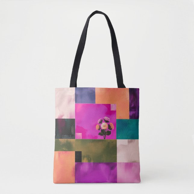 Bolsa Tote de Arte Floral com Blocos de Cores Mode (Frente)
