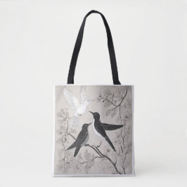 Bolsa Tote de Arte Floral de Aves em Preto e Branc