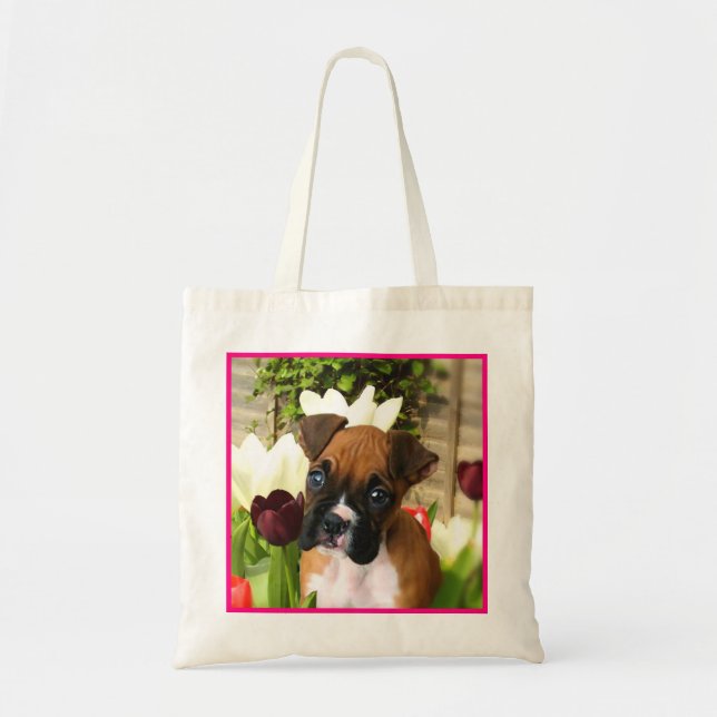 Bolsa tote de cachorro boxer em tulipas (Frente)