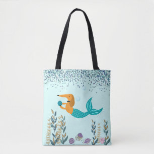 Bolsa Tote de Cauda de Sereia Turquesa Dachshund