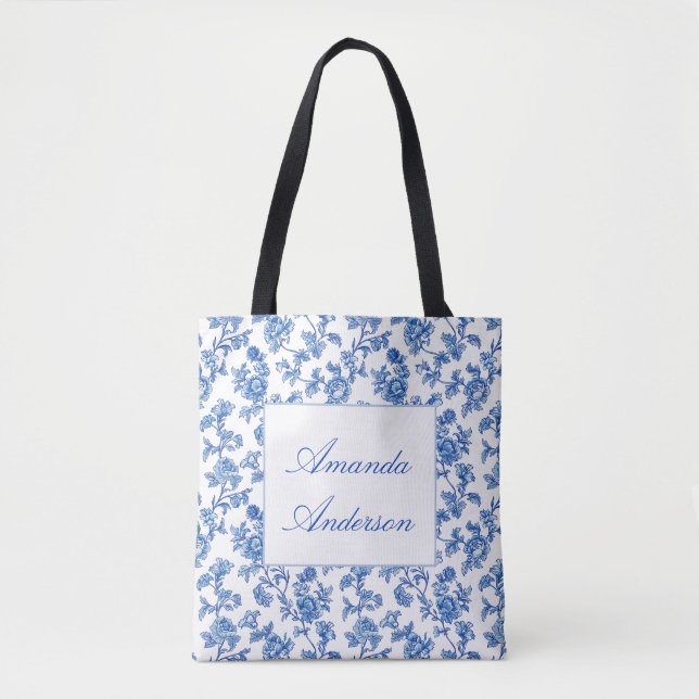 Bolsa Tote de Chinoiserie Azul e Branco (Frente)