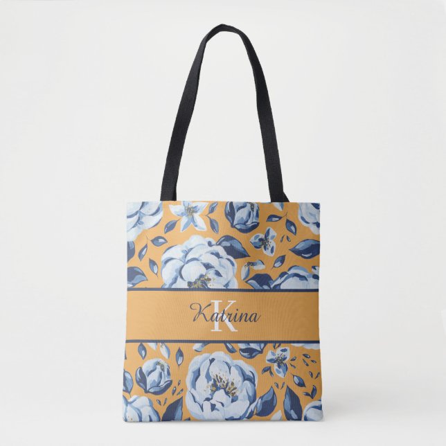 Bolsa Tote de Flores com Monograma em Aquarela (Frente)