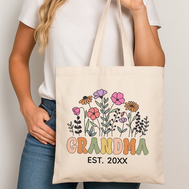 Bolsa Tote de Flores Personalizadas para Avó, Pres (personalized wildflower grandma tote, custom name grandma gift, floral grandma tote bag, nana tote)